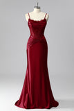 Burgundy Mermaid Cowl Neck Pleated Satin Corset Prom Dress with Beading