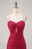 Sparkly Fuchsia Sequins Spaghetti Straps Short Tight Homecoming Dress