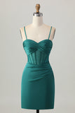 Dark Green Spaghetti Straps Corset Tight Short Satin Homecoming Dress