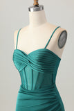 Dark Green Spaghetti Straps Corset Tight Short Satin Homecoming Dress
