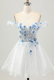 A-Line White Blue Flower Off the Shoulder Sheer Corset Short Homecoming Dress