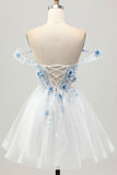 A-Line White Blue Flower Off the Shoulder Sheer Corset Short Homecoming Dress