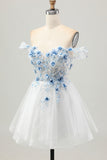 A-Line White Blue Flower Off the Shoulder Sheer Corset Short Homecoming Dress