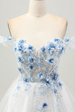 A-Line White Blue Flower Off the Shoulder Sheer Corset Short Homecoming Dress