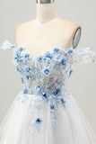 A-Line White Blue Flower Off the Shoulder Sheer Corset Short Homecoming Dress