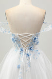A-Line White Blue Flower Off the Shoulder Sheer Corset Short Homecoming Dress