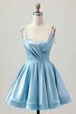 Blue A Line Spaghetti Straps Short Satin Homecoming Dress