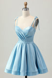 Blue A Line Spaghetti Straps Short Satin Homecoming Dress