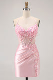 Candy Pink Bodycon Beaded Sheer Corset Short Homecoming Dress with Appliques