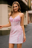 Corset Candy Pink Appliqued Tight Short Homecoming Dress