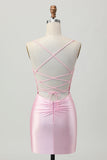 Blush Pink Bodycon Short Homecoming Dress with Lace Up Back
