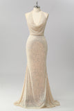 Sparkly Apricot Halter Mermaid Cowl Neck Sequins Long Prom Dress with Open Back