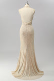 Sparkly Apricot Halter Mermaid Cowl Neck Sequins Long Prom Dress with Open Back
