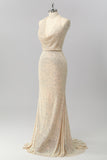 Sparkly Apricot Halter Mermaid Cowl Neck Sequins Long Prom Dress with Open Back
