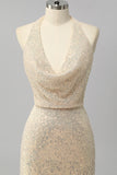 Sparkly Apricot Halter Mermaid Cowl Neck Sequins Long Prom Dress with Open Back