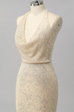 Sparkly Apricot Halter Mermaid Cowl Neck Sequins Long Prom Dress with Open Back