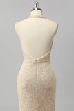 Sparkly Apricot Halter Mermaid Cowl Neck Sequins Long Prom Dress with Open Back