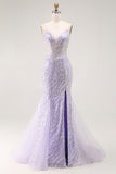 Sparkly Purple Mermaid Spaghetti Straps Corset Long Prom Dress with Slit