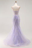 Sparkly Purple Mermaid Spaghetti Straps Corset Long Prom Dress with Slit