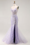 Sparkly Purple Mermaid Spaghetti Straps Corset Long Prom Dress with Slit
