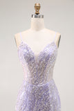Sparkly Purple Mermaid Spaghetti Straps Corset Long Prom Dress with Slit