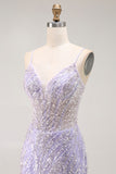 Sparkly Purple Mermaid Spaghetti Straps Corset Long Prom Dress with Slit