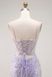 Sparkly Purple Mermaid Spaghetti Straps Corset Long Prom Dress with Slit