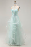 Light Green A Line Lace Up Back Ruffled Long Prom Dress with Beading
