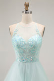 Light Green A Line Lace Up Back Ruffled Long Prom Dress with Beading