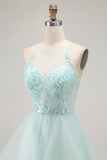 Light Green A Line Lace Up Back Ruffled Long Prom Dress with Beading
