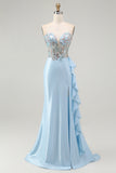 Light Blue Sweetheart Corset Ruffled Mermaid Prom Dress with Sequins