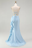 Light Blue Sweetheart Corset Ruffled Mermaid Prom Dress with Sequins