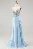 Light Blue Sweetheart Corset Ruffled Mermaid Prom Dress with Sequins