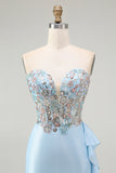 Light Blue Sweetheart Corset Ruffled Mermaid Prom Dress with Sequins