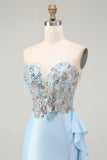Light Blue Sweetheart Corset Ruffled Mermaid Prom Dress with Sequins