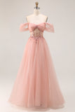 Blush A Line Off The Shoulder Tulle Long Prom Dress with Sequins