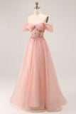 Blush A Line Off The Shoulder Tulle Long Prom Dress with Sequins