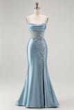 Grey Blue Mermaid Spaghetti Straps Corset Appliqued Prom Dress with Slit