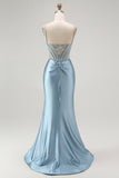Grey Blue Mermaid Spaghetti Straps Corset Appliqued Prom Dress with Slit