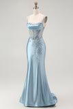 Grey Blue Mermaid Spaghetti Straps Corset Appliqued Prom Dress with Slit
