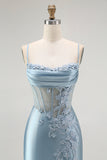 Grey Blue Mermaid Spaghetti Straps Corset Appliqued Prom Dress with Slit