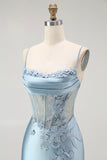 Grey Blue Mermaid Spaghetti Straps Corset Appliqued Prom Dress with Slit