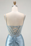 Grey Blue Mermaid Spaghetti Straps Corset Appliqued Prom Dress with Slit