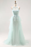 Light Green Halter Sequins Lace Up Back Long Prom Dress with Beading