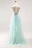 Light Green Halter Sequins Lace Up Back Long Prom Dress with Beading