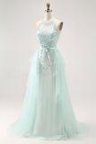 Light Green Halter Sequins Lace Up Back Long Prom Dress with Beading