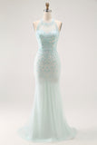 Light Green Halter Sequins Lace Up Back Long Prom Dress with Beading