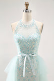 Light Green Halter Sequins Lace Up Back Long Prom Dress with Beading