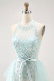 Light Green Halter Sequins Lace Up Back Long Prom Dress with Beading
