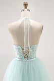 Light Green Halter Sequins Lace Up Back Long Prom Dress with Beading